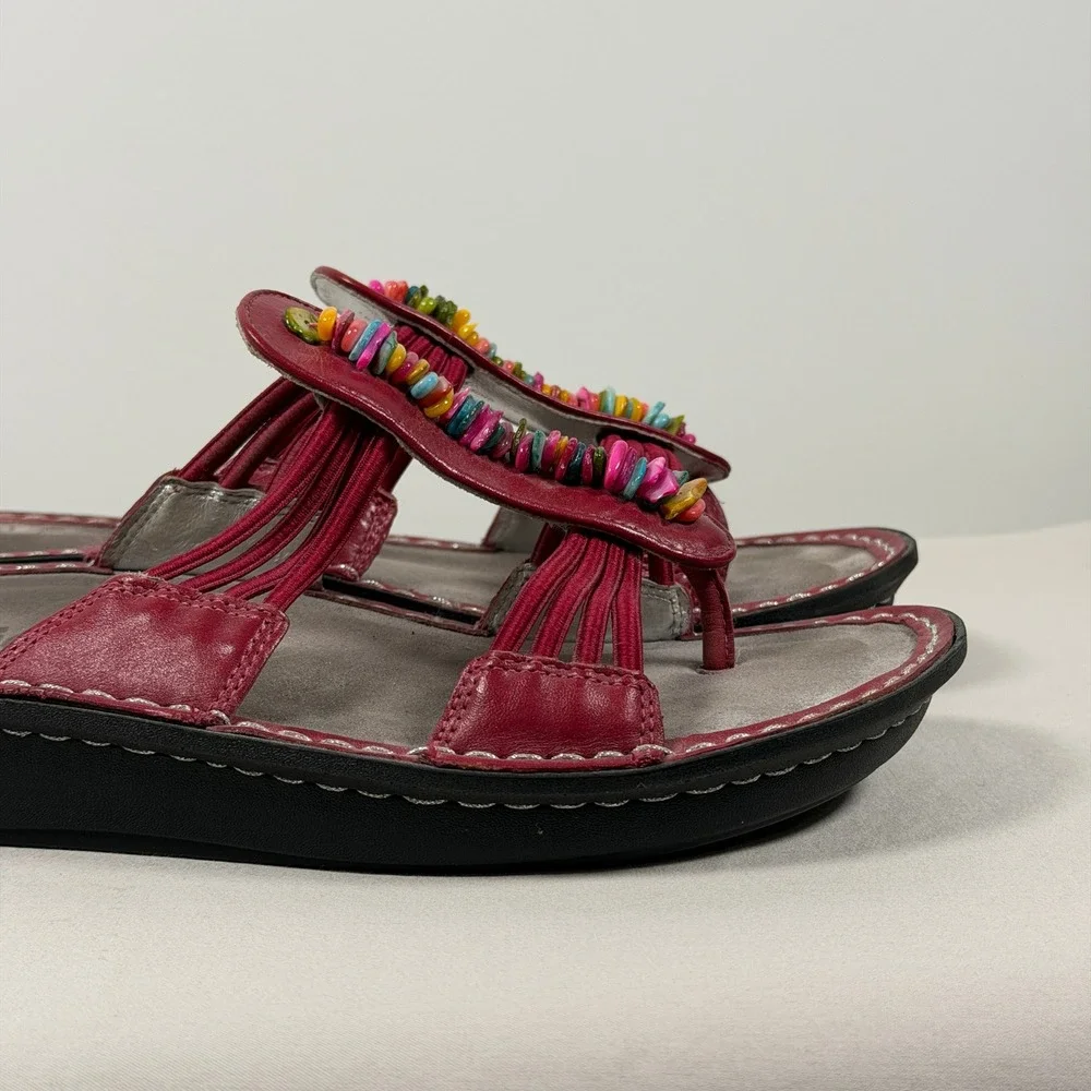 Alegria Red Leather Beaded Sandals PIS-615 Womens 39 Multi-Color Boho Slide